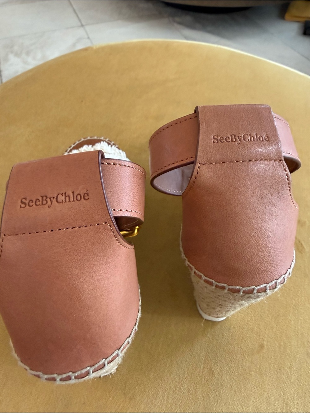 See by Chloé Tan Leather Espadrille Wedge Sandals with Cream Fringed Strap - Picture 5 of 8